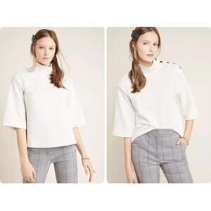 Anthropologie Sunday In Brooklyn Mollie Button Shoulder Top Mock Neck S Cream